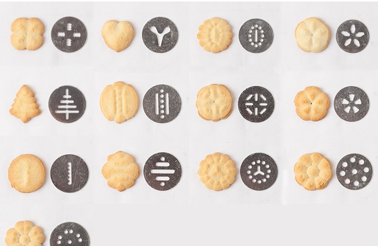 Prensa para galletas de acero inoxidable con 20 discos y 4 boquillas – Juego de utensilios para hornear