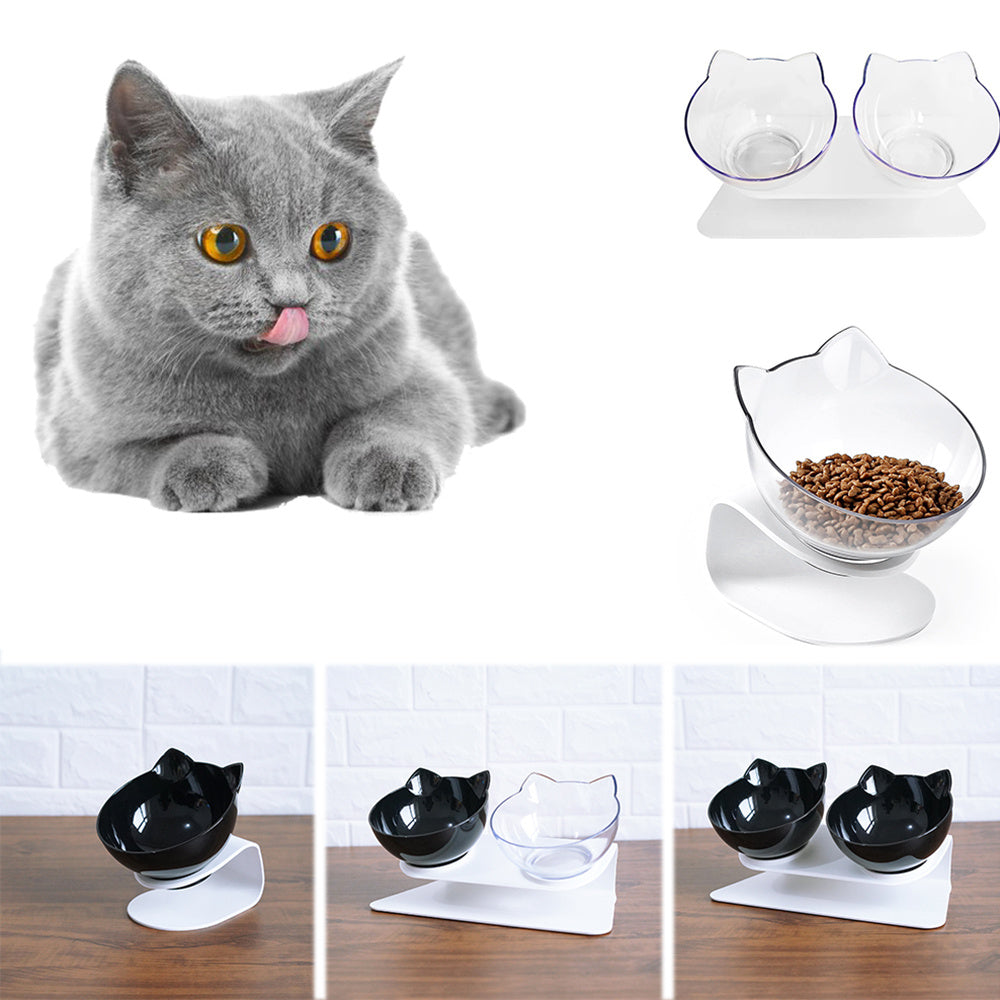 Elevated Double Cat Bowl – Anti-Vomit Tilted Pet Feeder for Cats & Small Dogs