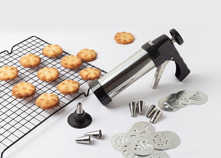 Prensa para galletas de acero inoxidable con 20 discos y 4 boquillas – Juego de utensilios para hornear