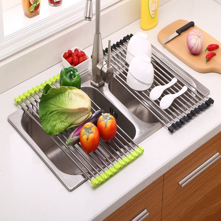Escurridor de platos enrollable de acero inoxidable – Organizador de cocina para colocar sobre el fregadero